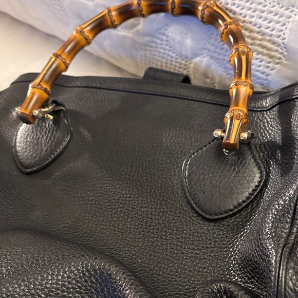 Elegant Black Leather Tote with Bamboo Handles - Picture 6 of 9